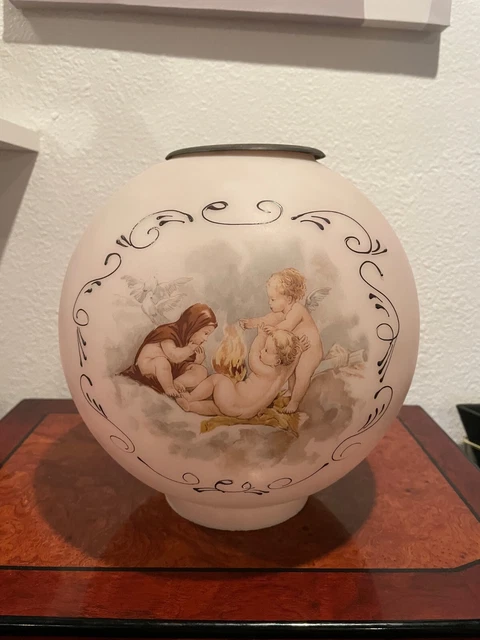 Antique Old Victorian Cherubs Handpainted Satin Glass Globe Lamp Shade Pink 8" + 9