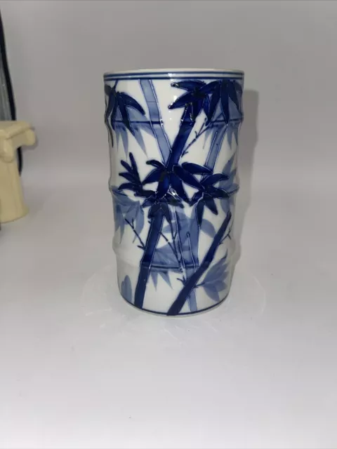 Blue and white bamboo carved Vase or brush holder 6 inches