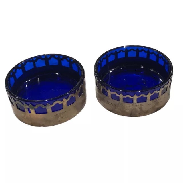 Sterling Silver Open Salt Cellars with Cobalt Glass Liner Inserts