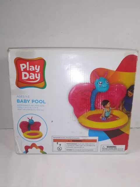 Play Day Baby Pool Ages 1-3 Butterfly Inflatable Sun Shade Pink Multi NEW