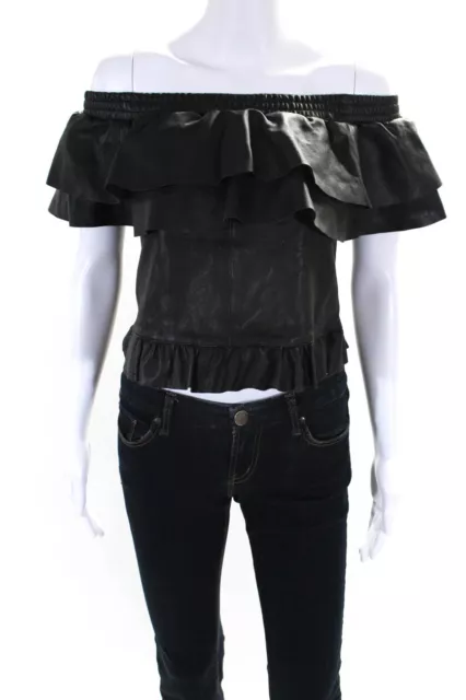 Designers Remix Charlotte Eskilden Womens Leather Blouse Top Black Size 32