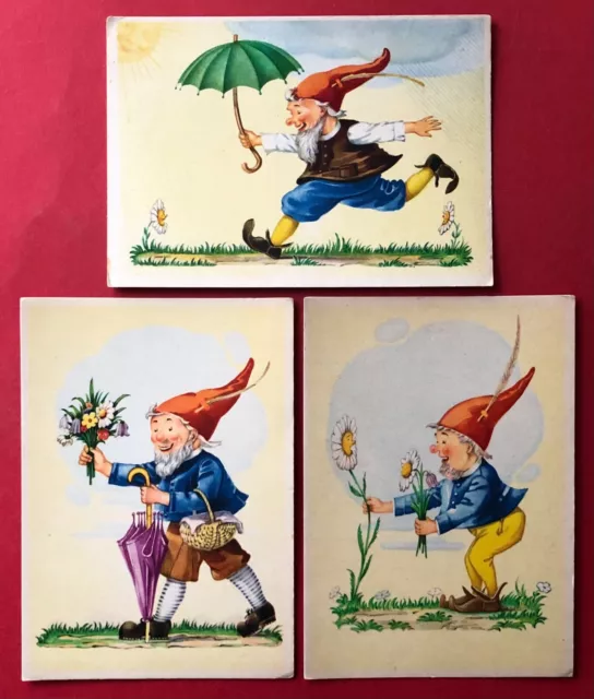 3 x Künstler AK Schlutius Saalfeld um 1955 Zwerg Zwerge Regenschirm ( 98226