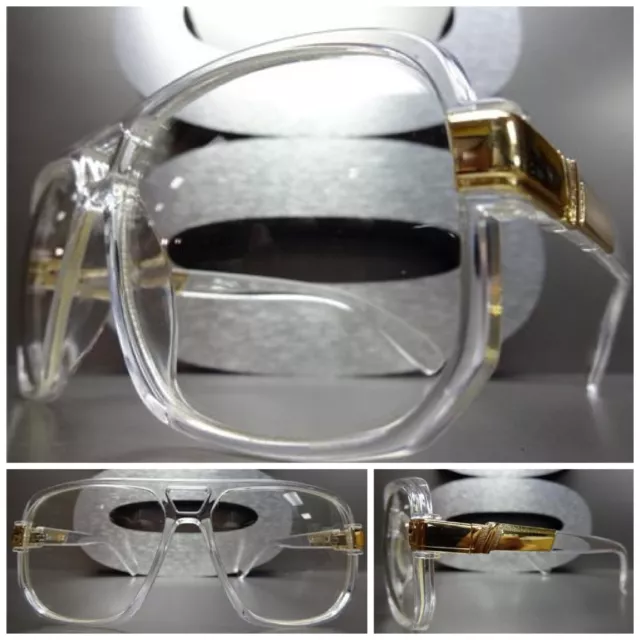 Mens CLASSIC RETRO HIP HOP Style Clear Lens EYE GLASSES Transparent & Gold Frame