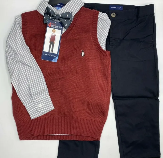 Boys Size 2T Andy & Evan 4-Piece Sweater Vest Set Outfit Pants Shirt Tie Penguin