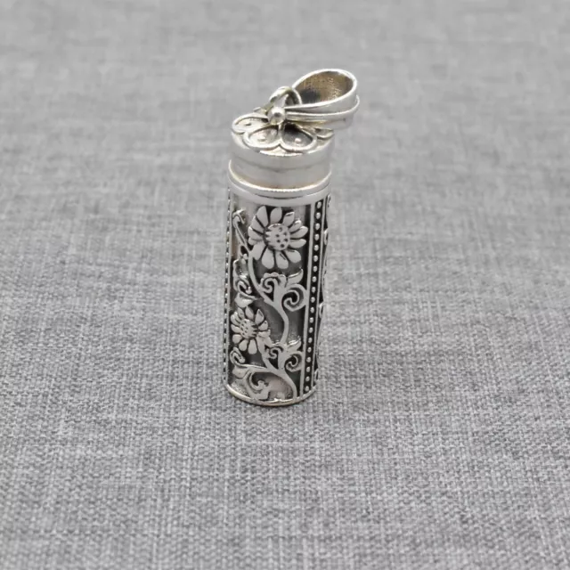 925 Sterling Silver Flower Cylinder Locket Pendant Memory Wish Prayer Box Floral