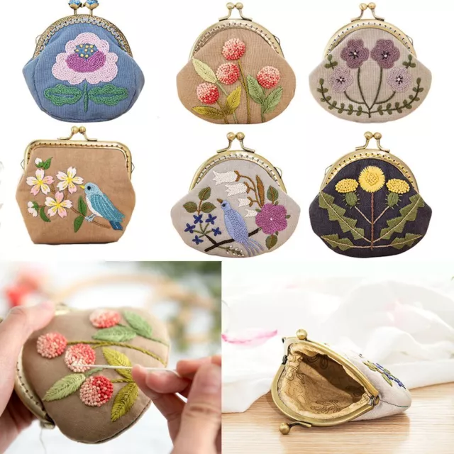 Handmade Embroidery Starter Kit Coin Purse Wallet Flower Patterns Cross Stitch