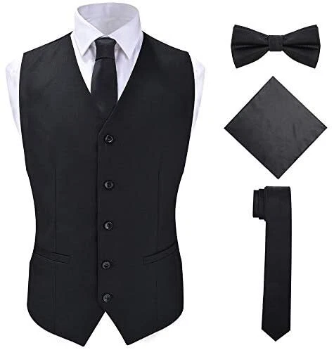 SuiSional Mens 4pc Classic Jacquard Suit Vests with Tuxedo Necktie Handkerchief