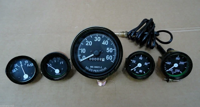 Willys MB Jeep Ford CJ GPW Gauges Kit - Speedometer+Temp+Oil+Fuel+ Ampere -Black