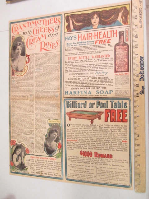newspaper ad 1903 quack medicine pool billiard table Harfina soap FULL page