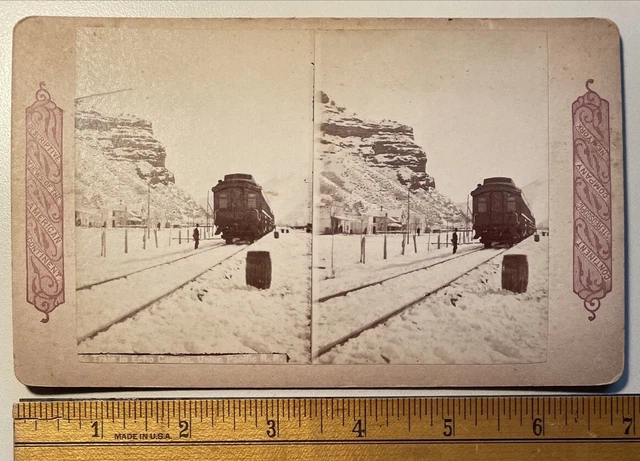 Antique Stereoview Train In Echo Canyon Union Pacific Railroad Utah RR Snow