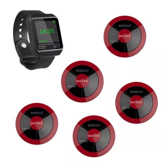 SINGCALL Wireless Restaurant Calling Waiter System 1 Watch, 5 Pagers for Hotel