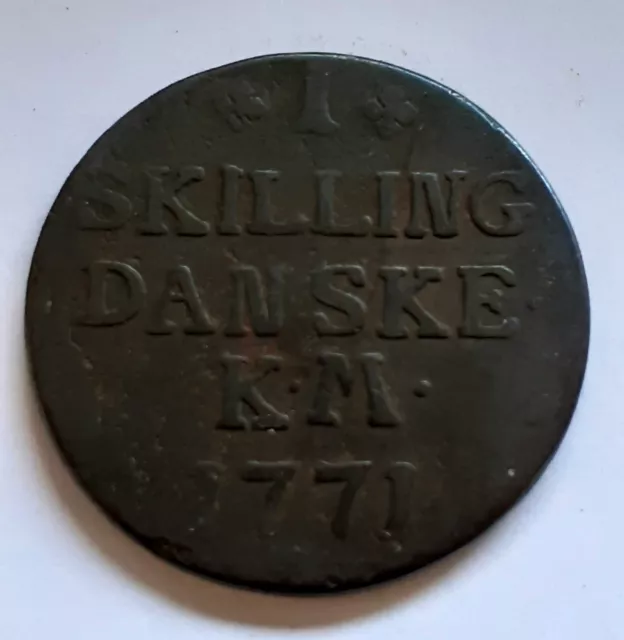 Rare 1771 Denmark / Danske 1 Skilling Copper Coin~Vg