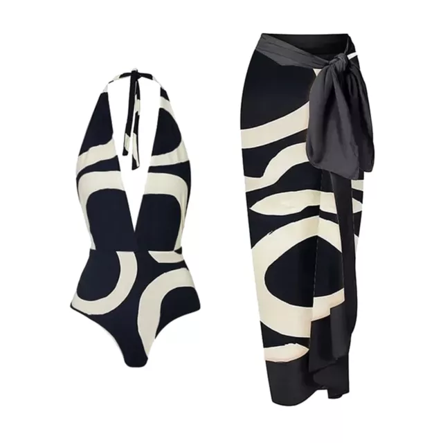 Women's Retro Piece Swimsuit With Deep V Tie Chiffon Skirt Set