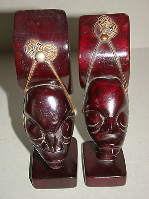 Vintage Pair Of African Art Tribal Head Hand Carved Cherry Wood Bookends