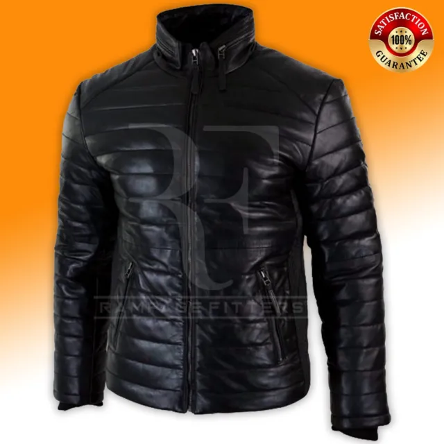 Black Leather Puffer Jacket, Men's Padded Puffy bubble Real Leather Jacket 6
