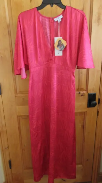 Felisha Fe Noel Flutter Sleeve Maxi Dress Size 6 Nwt Pink V-Neck Silky Polyester