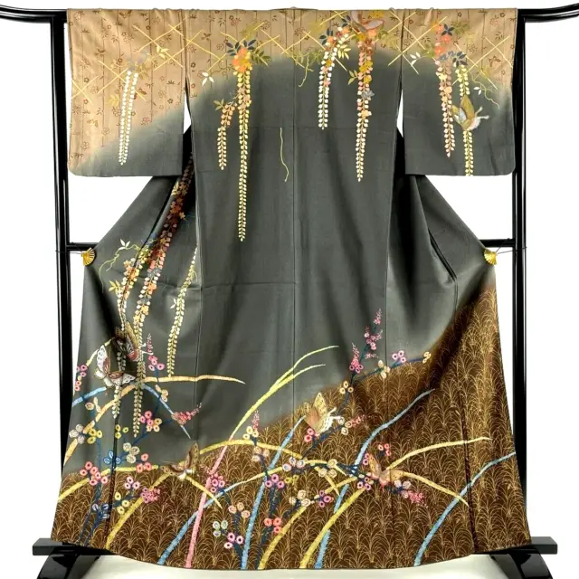 Japanese kimono  "HOUMONGI" SILK, Gold/Silver leave, Plants,  Gray ,L5'3.8".3334