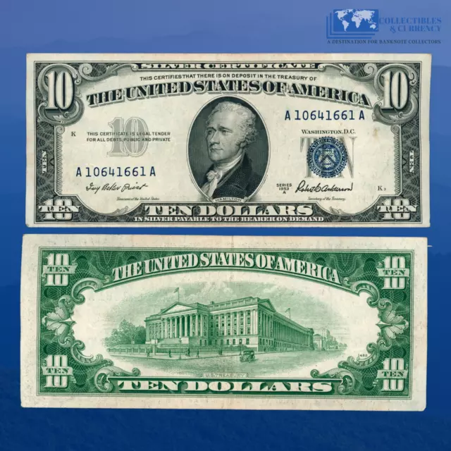 1953A $10 Ten Dollars Silver Certificate Blue Seal, VF+ Condition #41661