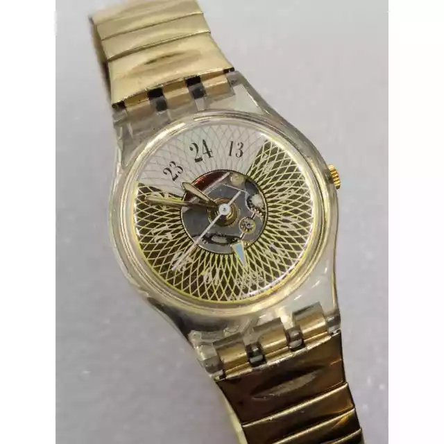 Swatch 1993 spirograph watch stretch expansion band spiral vtg 90s gold skeleton