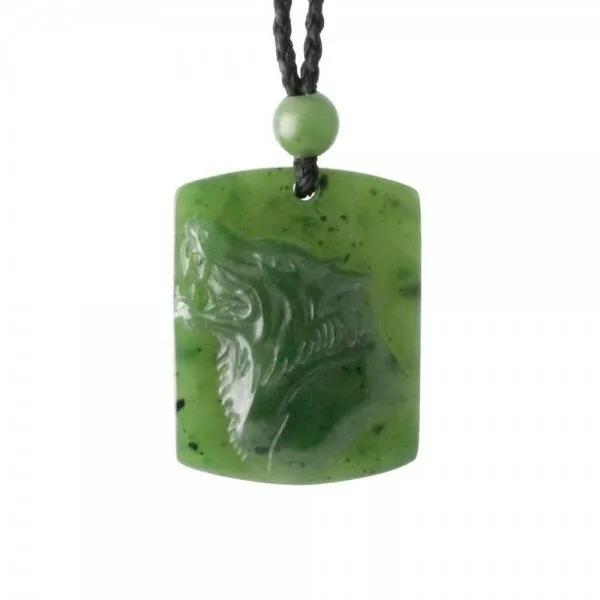 Carved Genuine Natural Green Nephrite Jade Wolf Pendant on Cord