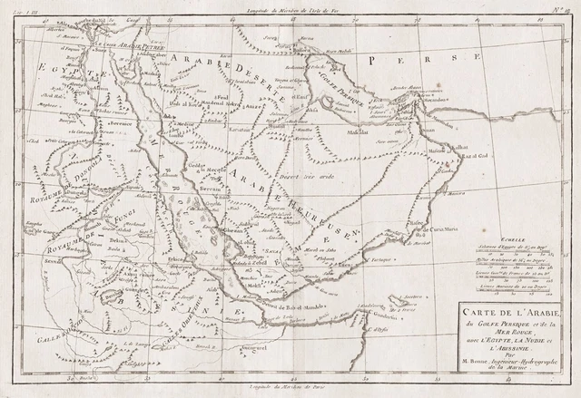 Saudi Arabia Egypt Red Sea Copperplate Card Map Engraving Bonne 1780