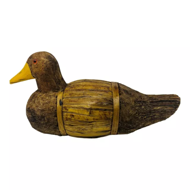 Duck Figurine Handmade Straw & Wood Carved Folk Art Reed Decoy Figure 9.5”