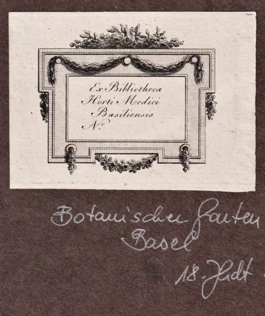 Exlibris Botanique Jardin Bâle Bookplate Ex-Libris Gravure sur Cuivre 18. Jh