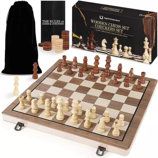 Wooden Chess and Checkers Game Set, 2 in 1 Chess Board Games, 2 Extra Queens AU