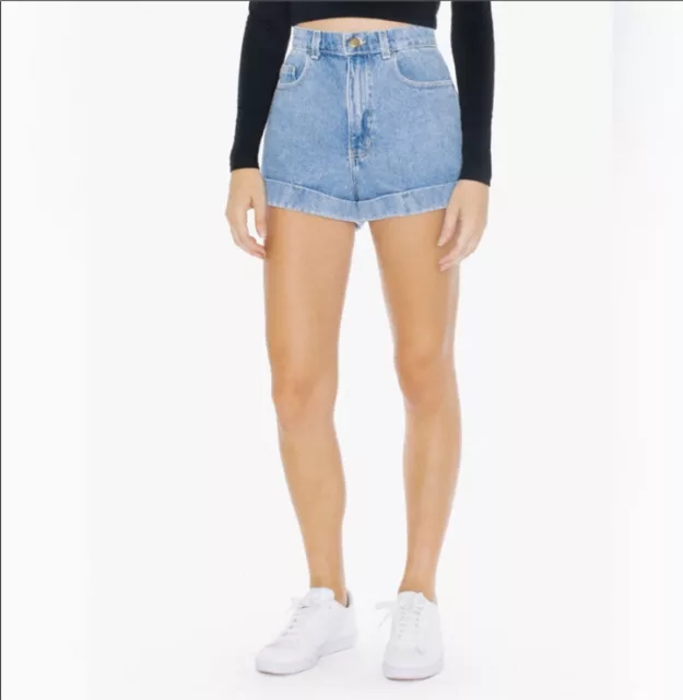 American Apparel High Rise Denim Cuffed Jean Hi Waisted Shorts in Summer Wash 26