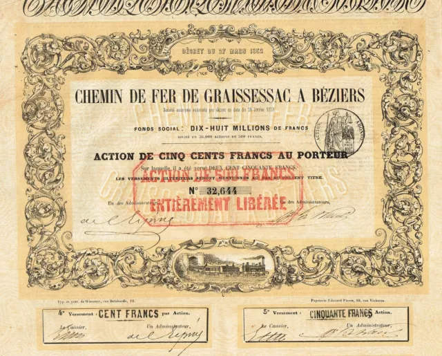 FRANCE RAILWAY COMPANY stock certificate 1853 W/COUPONS GRAISSESSAC TO BEZIERS