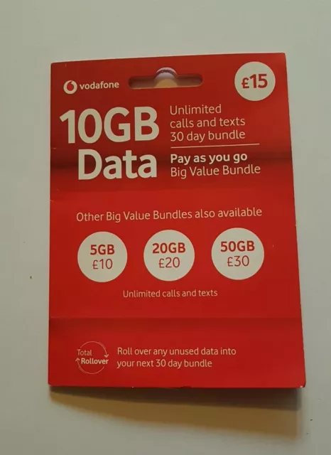 Vodafone SIM Card UK & EUROPE PAYG £15 Bundle - 10GB + Unlimited Mins/texts NEW
