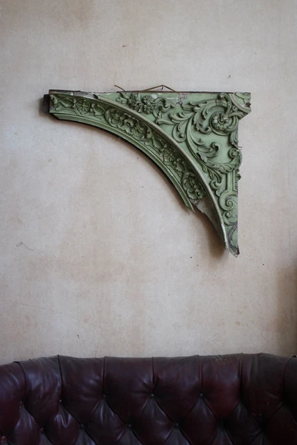 19th C Pine & Gesso Architectural Mist Green Decorative Element Antique Salvage
