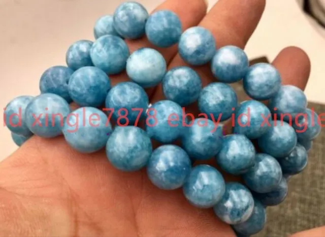 Natural AAA+ Blue Larimar Gemstone Round Beads Water Pattern Bracelet 7.5"