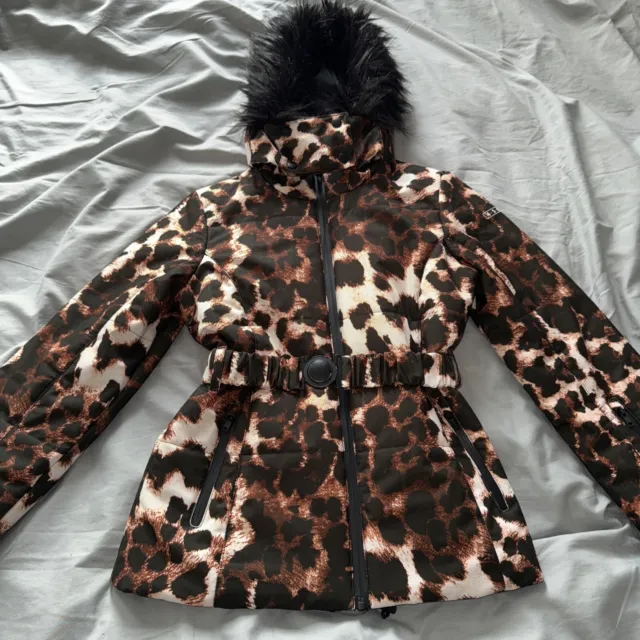 Ladies Size 10 Asos Animal Print Ski Jacket Faux Fur Hood Belted Vgc