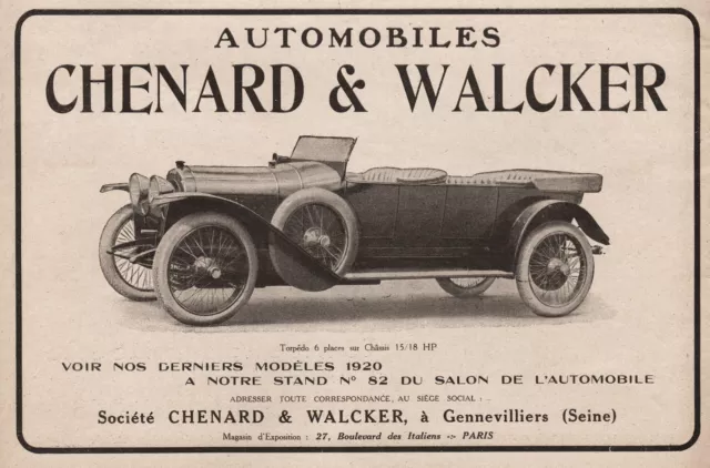 Publicite Chenard Walcker Torpedo 15/18 Hp Car Ad 1919 - 1H