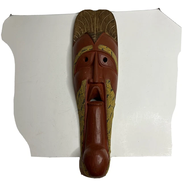 Vintage Hand Carved Wooden African Mask Tribal Painted 24” Hanging Oval Painted