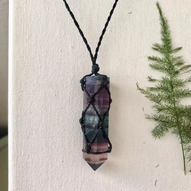 Fluorite Crystal Hexagonal Points Wrapped Pendant Healing Amulet Unisex Necklace