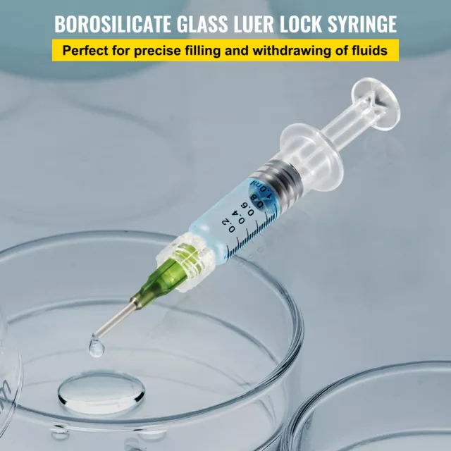 VEVOR Borosilicate Glass Luer Lock Syringes Glass Syringes Reusable 1mL 100PCS 2