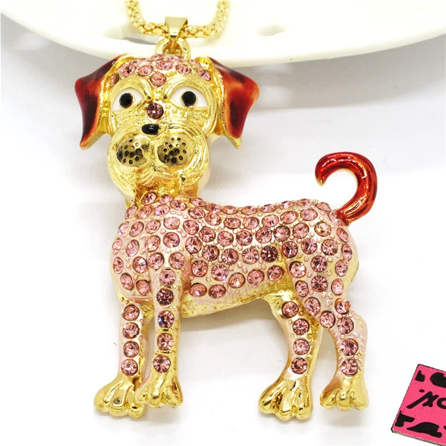 Fashion Women Rhinestone Cute Pink Dog Crystal Pendant Chain Necklace