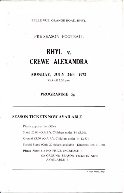 Rhyl v Crewe Alexandra (Friendly) 1972/1973 - 4 page football programme