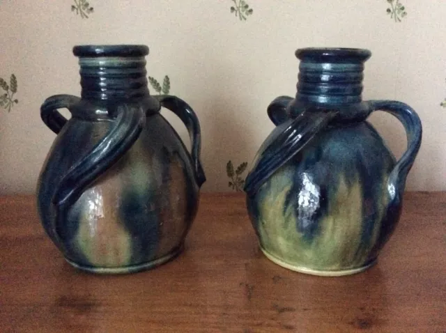 Pair  Arts & Crafts Belgian Three Twist Handled Drip Glaze Vases Art Deco Studio