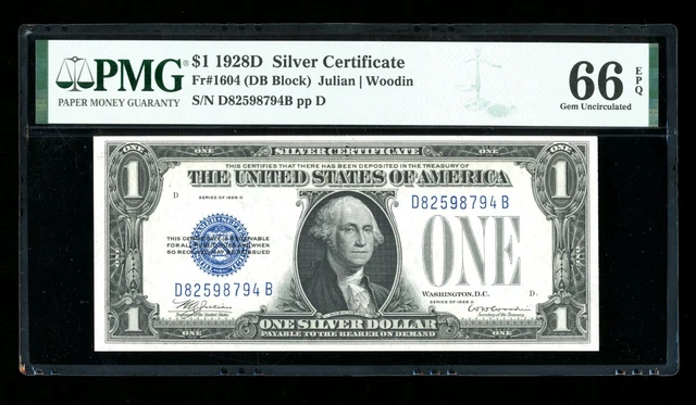 DBR Rare 1928-D $1 Silver Gem Fr. 1604 DB Block PMG 66 EPQ Serial D82598794B