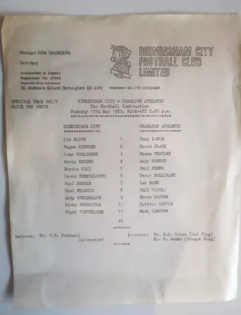 Birmingham V Charlton Reserves Football Programme 1983