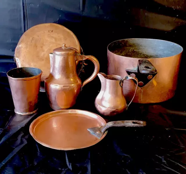 Antique VTG copper 2 LRG Heavy Pot creamer, cup, Pitcher. Early 900’s  7 POUNDS
