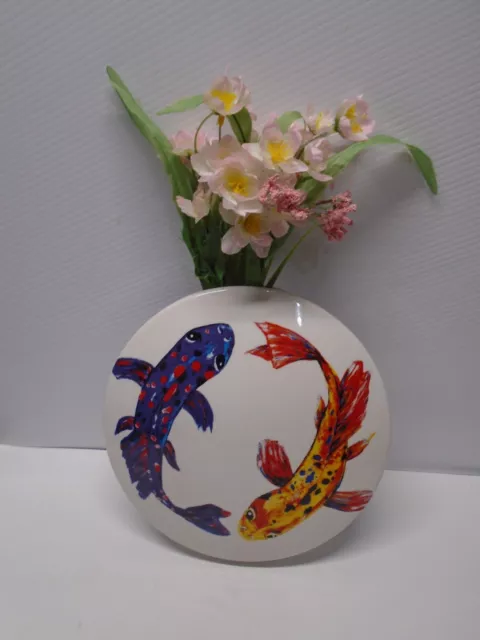 Koi Fish 9 inch Round Hanging Wall Planter Pot Ceramic by Pot Pimps NWOT