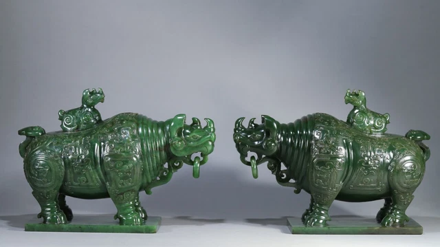 Chinese Exquisite Handmade Rhino carving Green Hetian Jade Statue A Pair