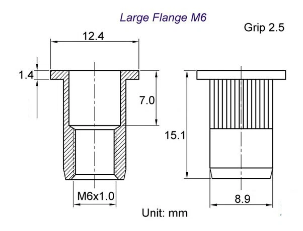 200X M6 NUTSERT Rivnut Rivet Nut Large Flange Splined Open End Zinc ...