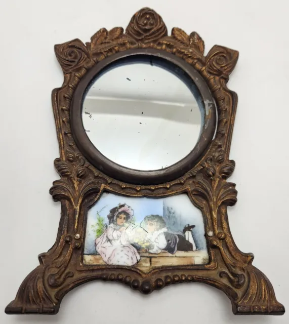 ANTIQUE 1800s Victorian Bronze Footed Figural Mirror With Enamel Painting Kids