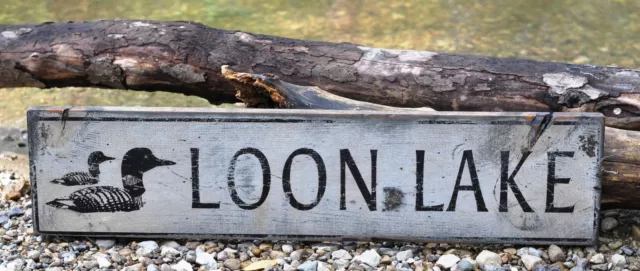 Personalized Lake with Loons  - Rustic Hand Made Vintage Wood Sign