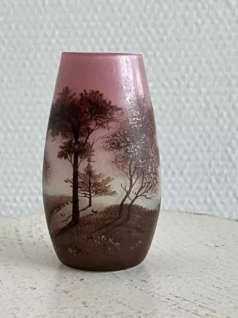 Jugendstil Vase mit Landschaft Dekor nach Legras Stil 9,2cm. nicht signiert